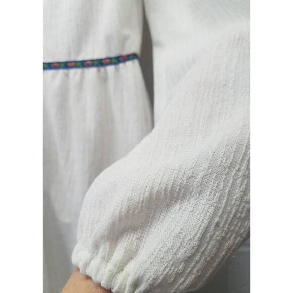 Vtg 70s Slub Knit White Boho Peasant Maxi Dress Rose Trim Boho Hippie Small - Picture 4 of 9